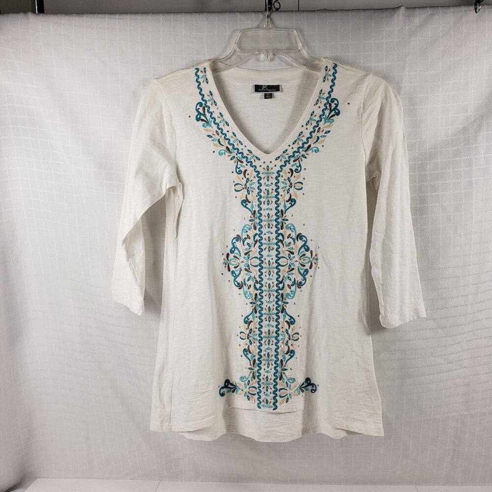 JM Collection Petite PP Top Tunic Cotton Embroidery Beads White Teal Brown 2P